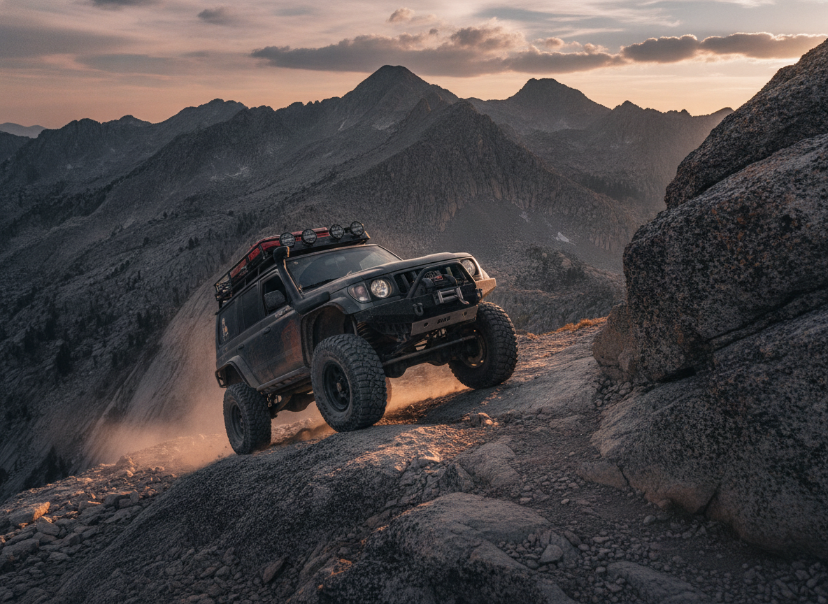 Action overland photo of a 4x4 rig crawling up an angled mountain ledge