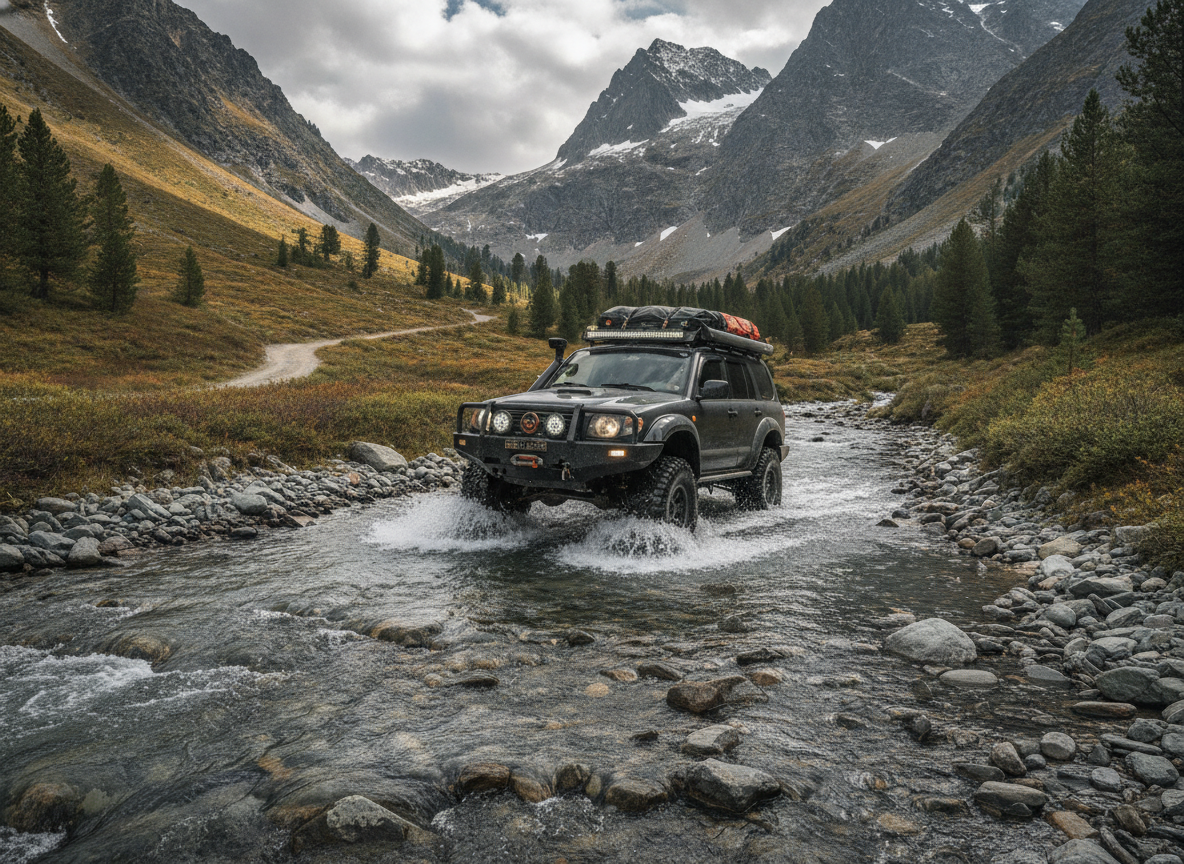 Expedition offroad SUV crossing wet river run in mountain pass