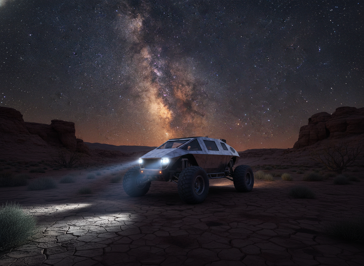 High-impact desert vehicle parked beneath high contrast night sky in dry valley