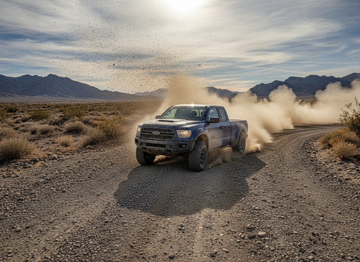 Pickup truck performing fast dust drift over rugged gravel road