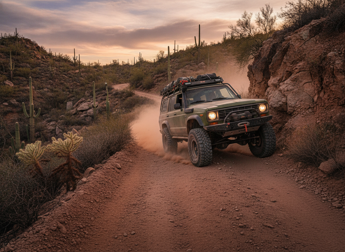 Solid overland heavy body vehicle executing tight path across dirt trail